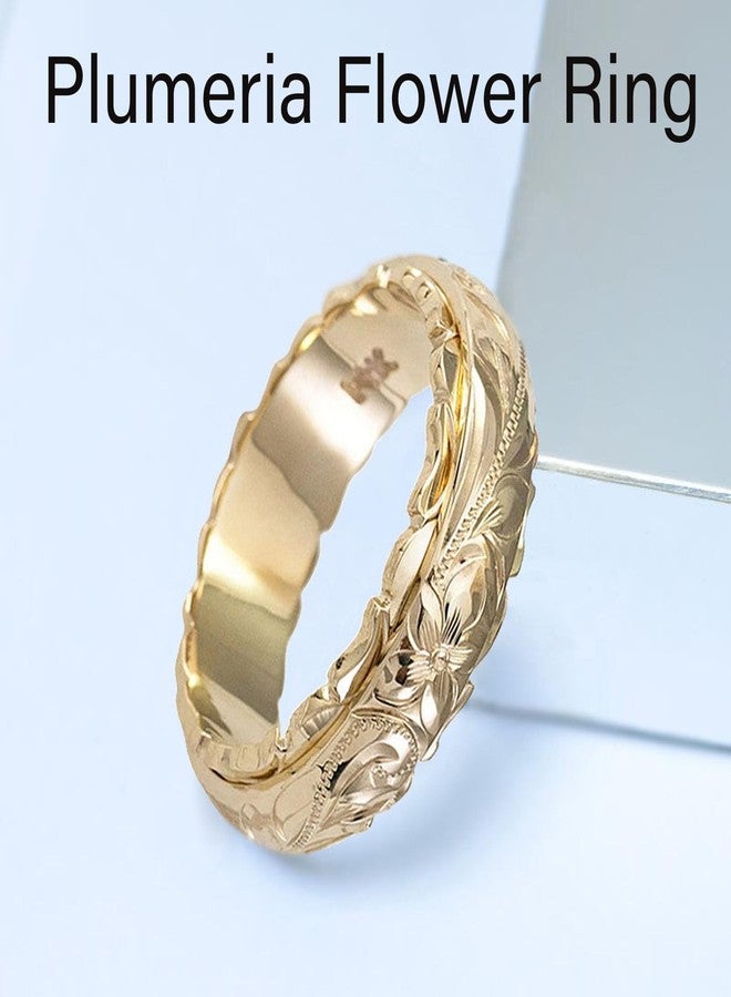BlingNook Dainty Engraved Plumeria Flower Ring, 14K Gold Plated Hawaiian Princess Plumeria Flower Scroll Promise Ring Stackable Wedding Engagement Band Jewelry for Women or Men, 10, Metal, No Gemstone - Image 4