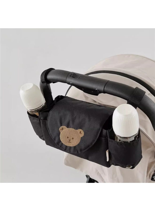 Premium Baby Stroller Organizer Bag with Cute Bear Embroidery | Universal Stroller Caddy Pram Storage Bag for Diapers & Toys (Black)