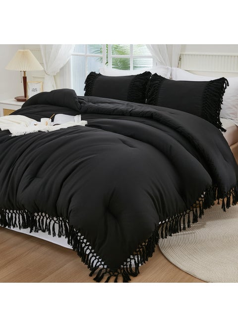 Andency Black Comforter Set California King  3 Pieces Boho Tassel Lightweight Soft Bedding Comforter Sets for King Bed  All Season Fluffy Fringe Bed Set (104x96In Comforter & 2 Pillowcases)