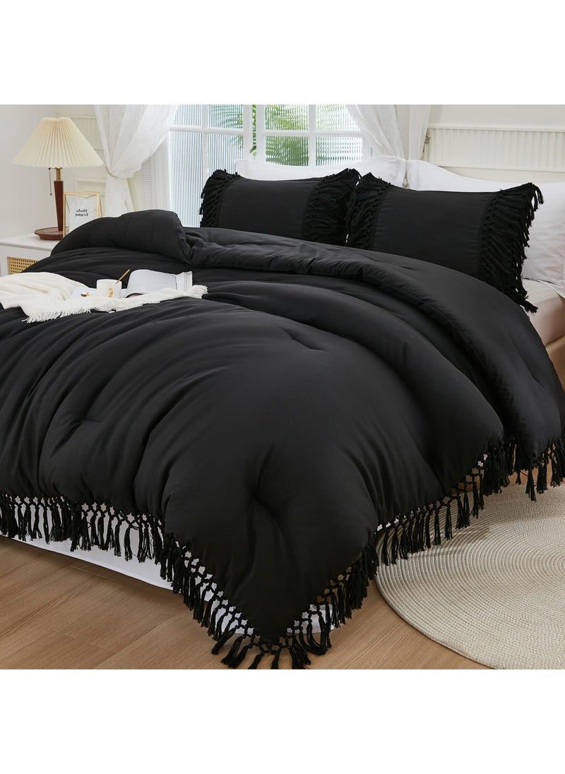 Andency Andency Black Comforter Set California King  3 Pieces Boho Tassel Lightweight Soft Bedding Comforter Sets for King Bed  All Season Fluffy Fringe Bed Set (104x96In Comforter & 2 Pillowcases)  - Image 1