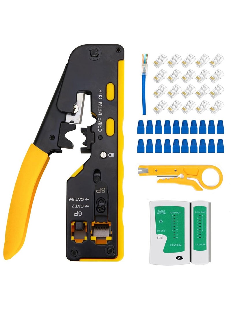RJ45 Ethernet Cable Crimping Tool Kit, Compatible with Cat7/Cat6/Cat5 and 6P Phone Connectors, Includes Cable Tester, Connectors, Wire Stripper - Image 1