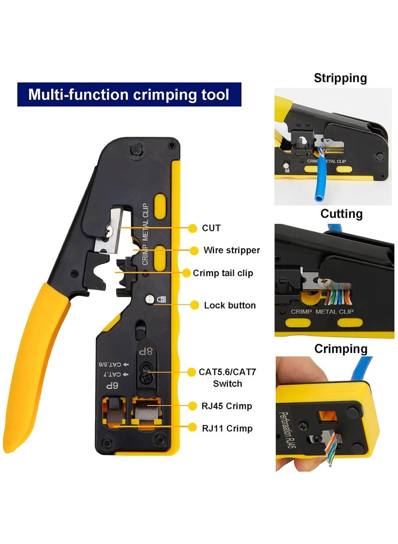 RJ45 Ethernet Cable Crimping Tool Kit, Compatible with Cat7/Cat6/Cat5 and 6P Phone Connectors, Includes Cable Tester, Connectors, Wire Stripper - Image 2