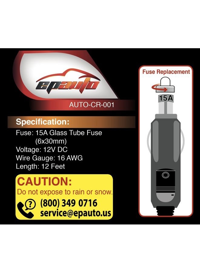 EPAuto 12V 12' Foot Heavy Duty Extension Cord with Cigarette Lighter Plug Socket - Image 3