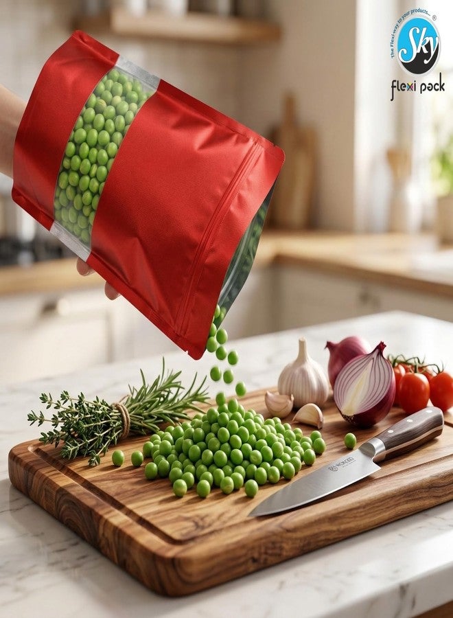 SKY FLEXI PACK Matte Red Zip Lock Stand Up Pouches | 18×25.5 cm | 750gm | Pack of 50 | Reusable, Airtight Polyester Storage Bags with Transparent Window | Food Storage, Leakproof, Self Sealing Multi-Purpose - Image 4