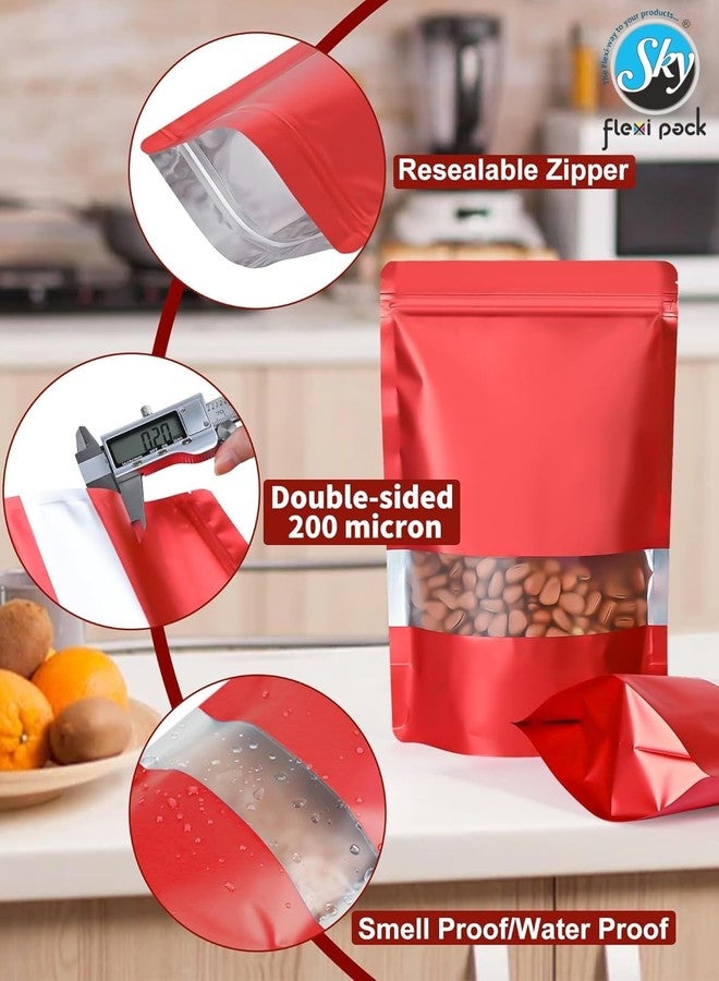 SKY FLEXI PACK Matte Red Zip Lock Stand Up Pouches | 18×25.5 cm | 750gm | Pack of 50 | Reusable, Airtight Polyester Storage Bags with Transparent Window | Food Storage, Leakproof, Self Sealing Multi-Purpose - Image 3