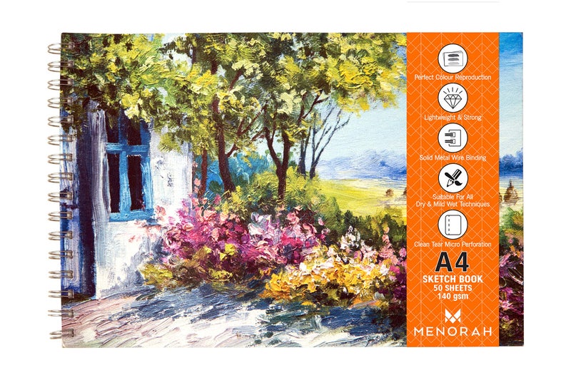 MENORAH - A4 - Sketchbooks for Artist - 140 GSM | (100 Pages/50 Sheets) | A4 Sketchbook | Metal Wire-O Bound Drawing Book - (21.0 X 29.7 Cm)- Farm House Design - Image 1