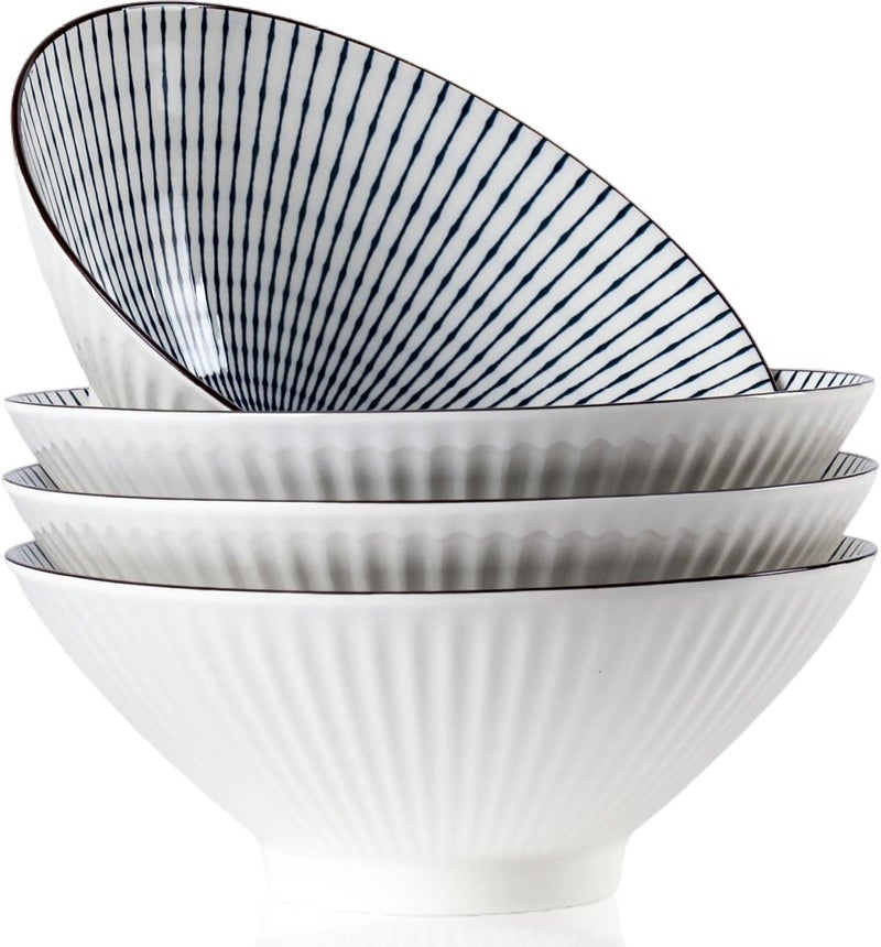 QINLANG 38 oz Japanese Ramen Bowls Ceramic Set of 4 for Cereal Soup Pho Noodles  Blue and White 8 Inches - Image 1