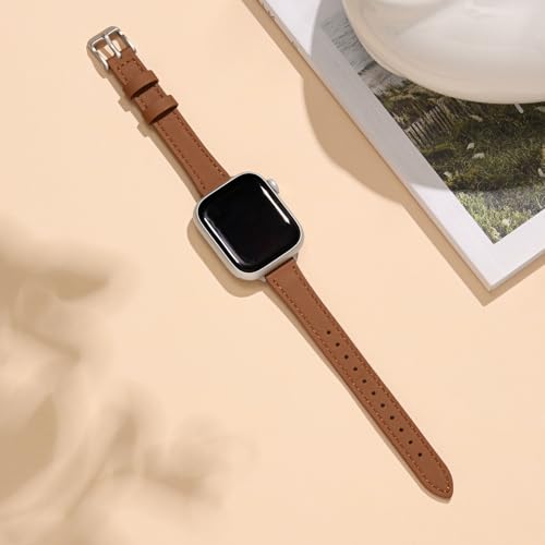 STIROLL Slim Leather Bands Compatible with Apple Watch Band 38mm 40mm 41mm 42mm(Series 11 10), Top Grain Leather Watch Thin Wristband for iWatch SE 9 8 7 6 5 4 3 2 1 (Brown Silver) - Image 4