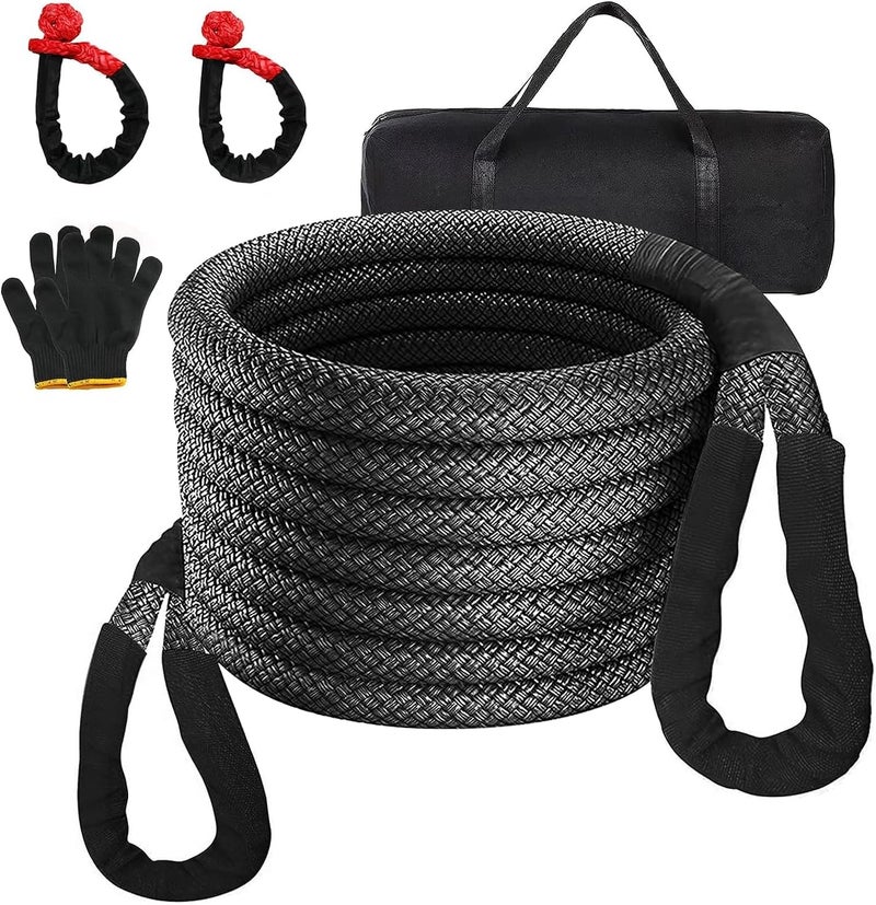 TDOO 1"*30' Gray Car Tow Rope (33000 lbs) with 2 Shackle Ropes|15 Tons 9 Meters Kinetic recovery Rope|4x4 Drive Pickup Truck, SUV, ATV Off Road Heavy Duty Recovery Kit - Image 1