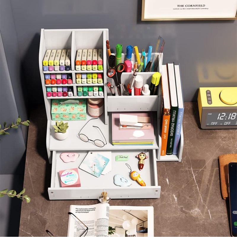 Hggzeg Desktop Pen Organizer, Stationary Organizer with Drawers and 2 File Holder, Art Supply Storage, Multi-Functional Pen Pencil Holder, for Home, Office and School - Image 3