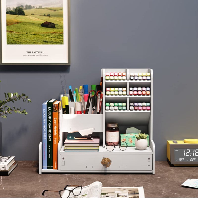 Hggzeg Desktop Pen Organizer, Stationary Organizer with Drawers and 2 File Holder, Art Supply Storage, Multi-Functional Pen Pencil Holder, for Home, Office and School - Image 2