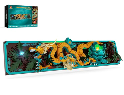 JMBricklayer Mythic Dragon Tiles Building Block Sets with LED Lights for Adults 70020 Wall Art Crafts Frame Building Sets Home Office Decor Dragon Kits with Flowers Creative Gifts for Men Women - Image 1