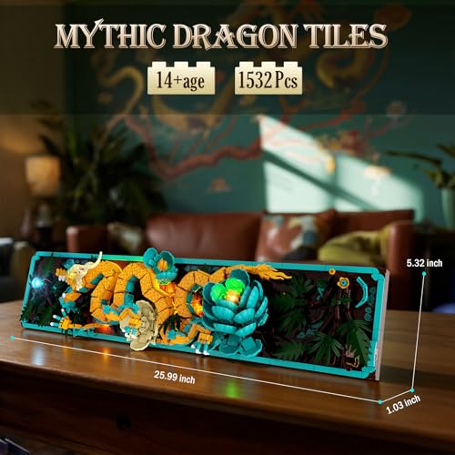 JMBricklayer Mythic Dragon Tiles Building Block Sets with LED Lights for Adults 70020 Wall Art Crafts Frame Building Sets Home Office Decor Dragon Kits with Flowers Creative Gifts for Men Women - Image 5