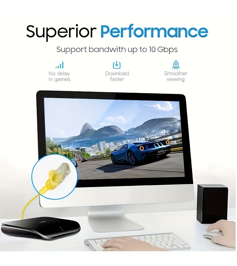 Set Of 3 Yellow CAT 5E Gigabit Ethernet Cables 27.56 Inch For Networking With Stress Relief - Image 3