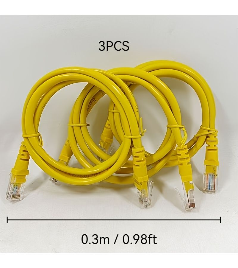 Set Of 3 Yellow CAT 5E Gigabit Ethernet Cables 27.56 Inch For Networking With Stress Relief - Image 2