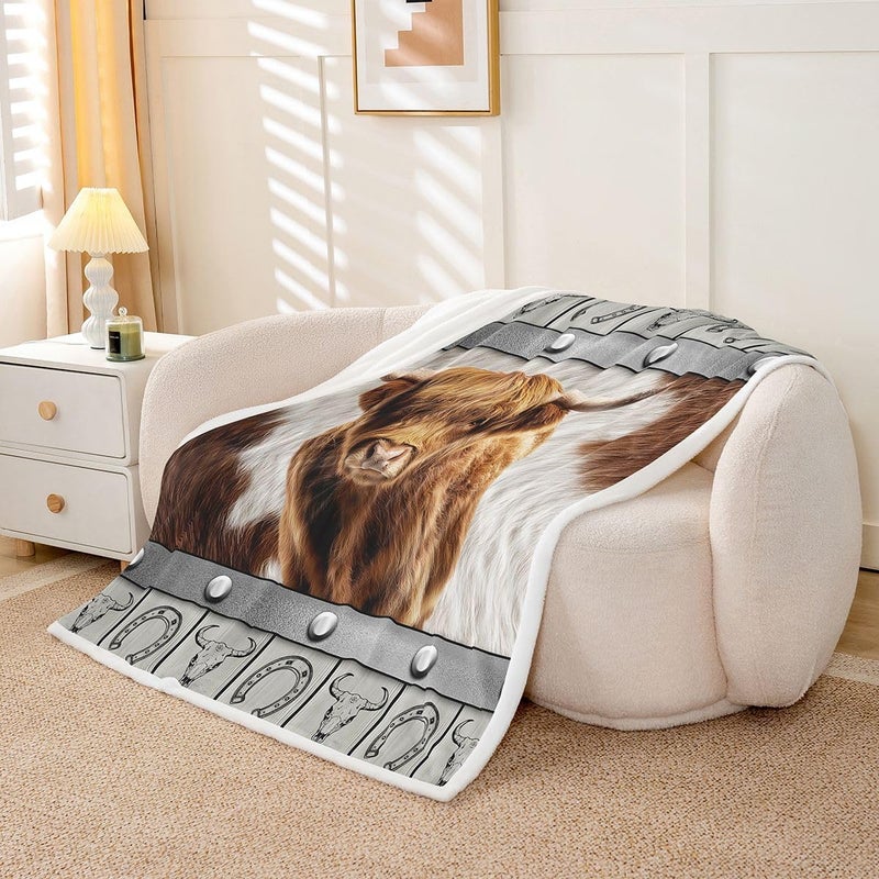 Erosebridal Highland Cow Fuzzy Plush Throw Rustic Western Aztec Fleece Blanket Cowboy Horseshoes Cow Fur Printed Sherpa Blanket for Kids Boys Girls,Farmhouse Animal Decor for Bed Couch Baby 30"x40" - Image 1
