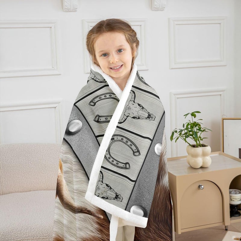 Erosebridal Highland Cow Fuzzy Plush Throw Rustic Western Aztec Fleece Blanket Cowboy Horseshoes Cow Fur Printed Sherpa Blanket for Kids Boys Girls,Farmhouse Animal Decor for Bed Couch Baby 30"x40" - Image 3