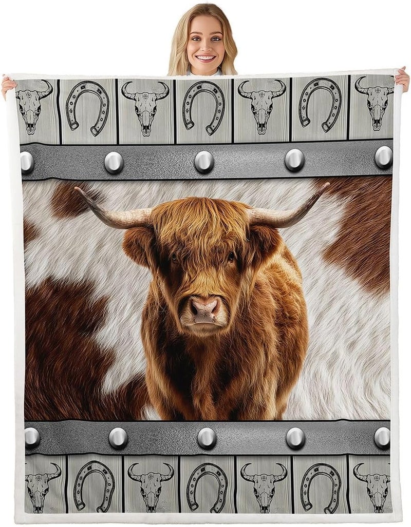 Erosebridal Highland Cow Fuzzy Plush Throw Rustic Western Aztec Fleece Blanket Cowboy Horseshoes Cow Fur Printed Sherpa Blanket for Kids Boys Girls,Farmhouse Animal Decor for Bed Couch Baby 30"x40" - Image 2