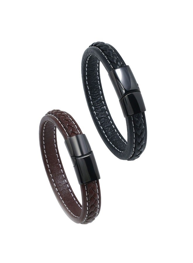 GUSGU أساور جلدية رجالي أساور جلدية رجالي أساور جلدية مضفر سوار الأصفاد المغناطيسي أبازيم القهوة السوداء 2 حزمة - Image 1
