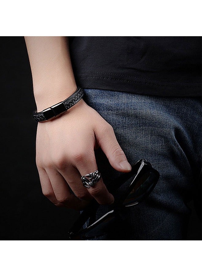 GUSGU أساور جلدية رجالي أساور جلدية رجالي أساور جلدية مضفر سوار الأصفاد المغناطيسي أبازيم القهوة السوداء 2 حزمة - Image 4