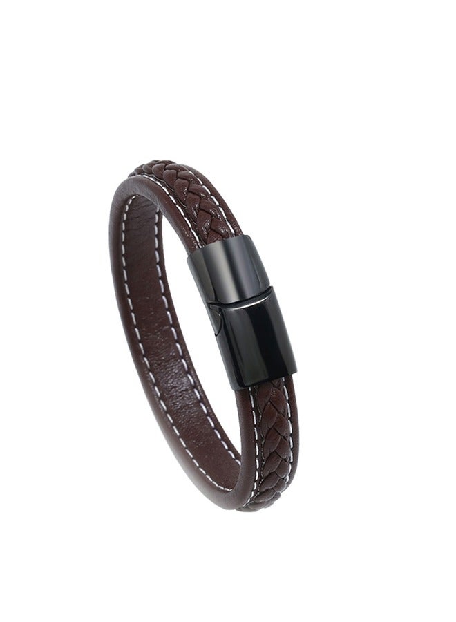 GUSGU أساور جلدية رجالي أساور جلدية رجالي أساور جلدية مضفر سوار الأصفاد المغناطيسي أبازيم القهوة السوداء 2 حزمة - Image 5