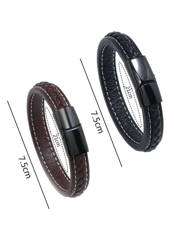 GUSGU أساور جلدية رجالي أساور جلدية رجالي أساور جلدية مضفر سوار الأصفاد المغناطيسي أبازيم القهوة السوداء 2 حزمة - Image 2