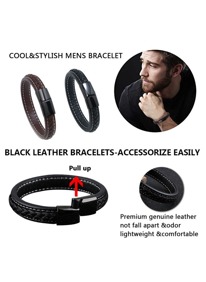 GUSGU أساور جلدية رجالي أساور جلدية رجالي أساور جلدية مضفر سوار الأصفاد المغناطيسي أبازيم القهوة السوداء 2 حزمة - Image 3