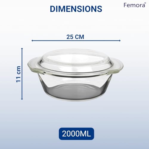 Femora Borosilicate Serving Bowl | 1 Year Warranty | Glass Casserole Set, Glass Bowl with Lid, Microwave Safe Set, Dishwasher and Freezer Safe, Deep Round (Pack of 2-2000ML) - Image 3