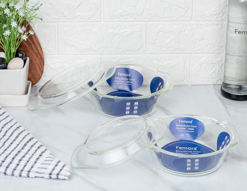 Femora Borosilicate Serving Bowl | 1 Year Warranty | Glass Casserole Set, Glass Bowl with Lid, Microwave Safe Set, Dishwasher and Freezer Safe, Deep Round (Pack of 2-2000ML) - Image 4