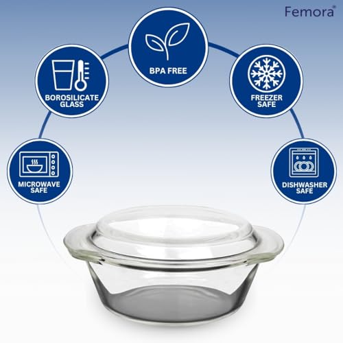 Femora Borosilicate Serving Bowl | 1 Year Warranty | Glass Casserole Set, Glass Bowl with Lid, Microwave Safe Set, Dishwasher and Freezer Safe, Deep Round (Pack of 2-2000ML) - Image 5