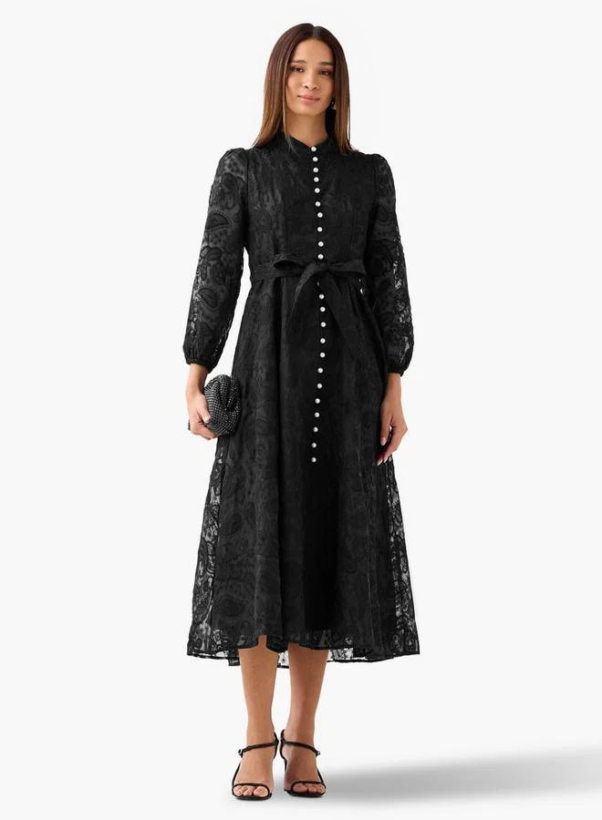 2Xtremz 2Xtremz A-line Midi Dress with Paisley Embroidery and Tie-Up Belt