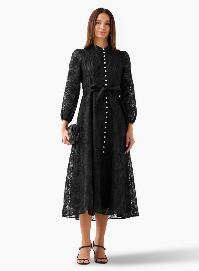 2Xtremz A-line Midi Dress with Paisley Embroidery and Tie-Up Belt - Image 1