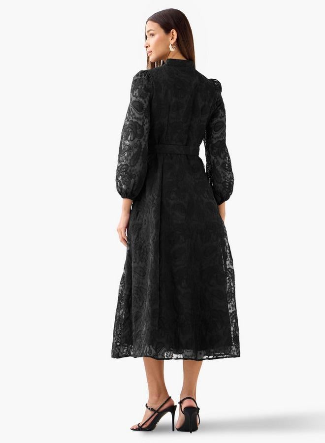 2Xtremz A-line Midi Dress with Paisley Embroidery and Tie-Up Belt - Image 3