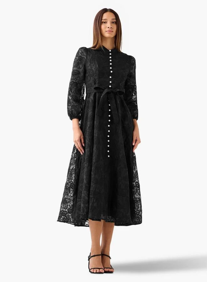 2Xtremz 2Xtremz A-line Midi Dress with Paisley Embroidery and Tie-Up Belt