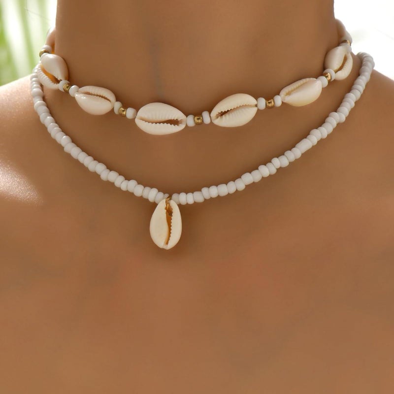 Nackiy Handmade Sea Shell Necklace Choker For Women Summer Adjustable Natural Shell Collar Necklace (Beige Braided Rope) (2 Layered) - Image 3