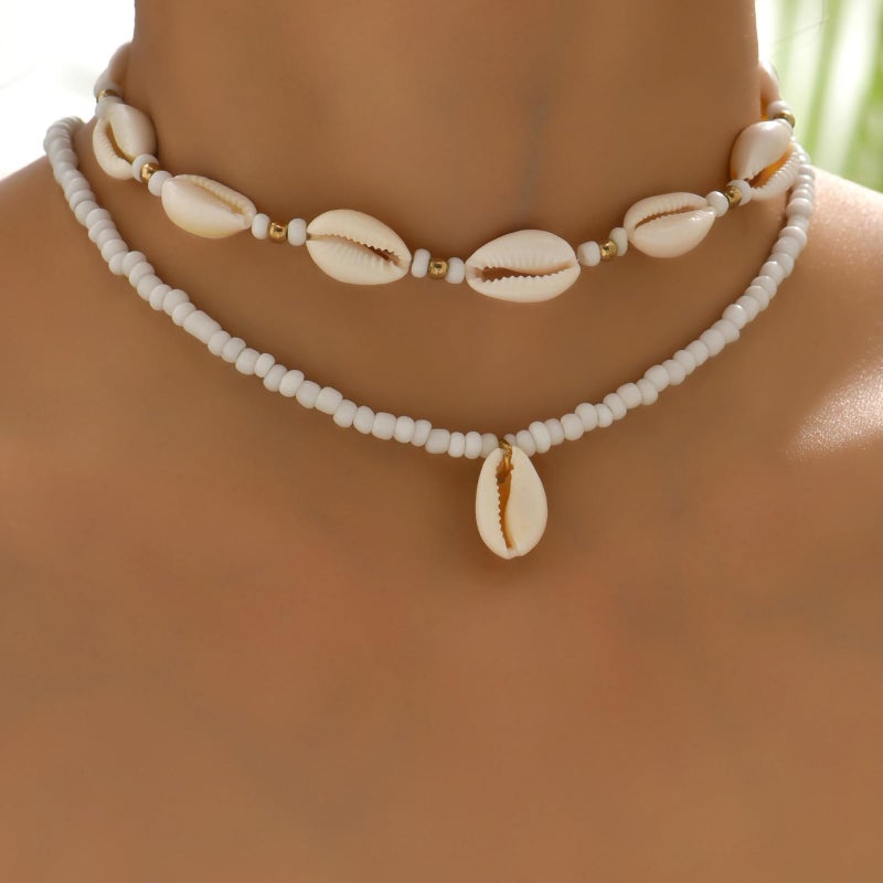 Nackiy Handmade Sea Shell Necklace Choker For Women Summer Adjustable Natural Shell Collar Necklace (Beige Braided Rope) (2 Layered) - Image 2
