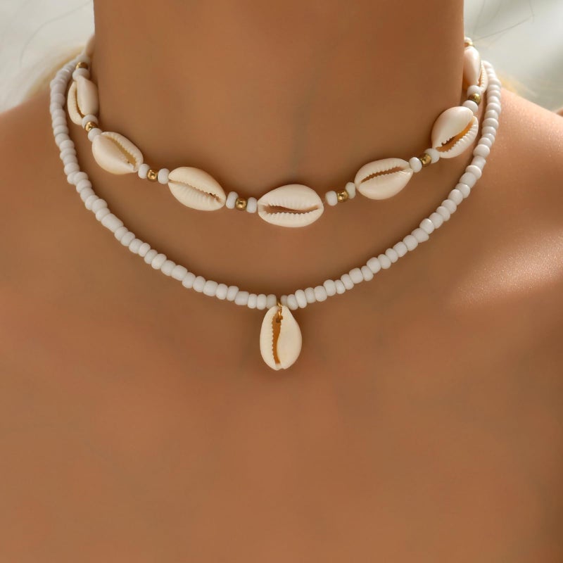 Nackiy Handmade Sea Shell Necklace Choker For Women Summer Adjustable Natural Shell Collar Necklace (Beige Braided Rope) (2 Layered) - Image 4