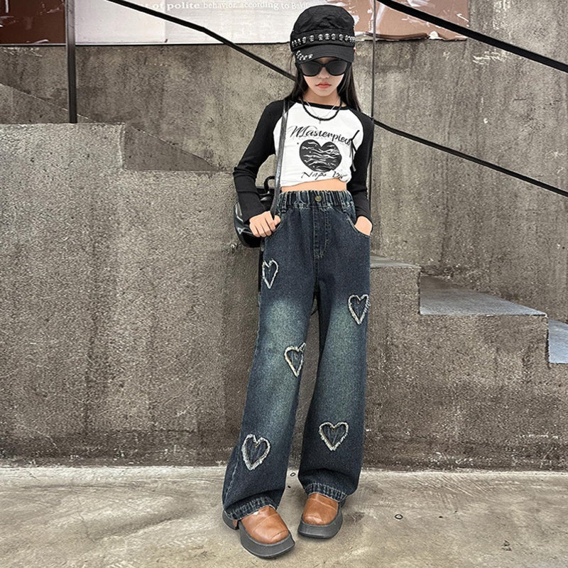 Rolanko Big Girls Jeans Baggy Wide Leg Denim Pants Elastic Loose Kids Jeans (HairyHeart, 13-14 Years) - Image 4