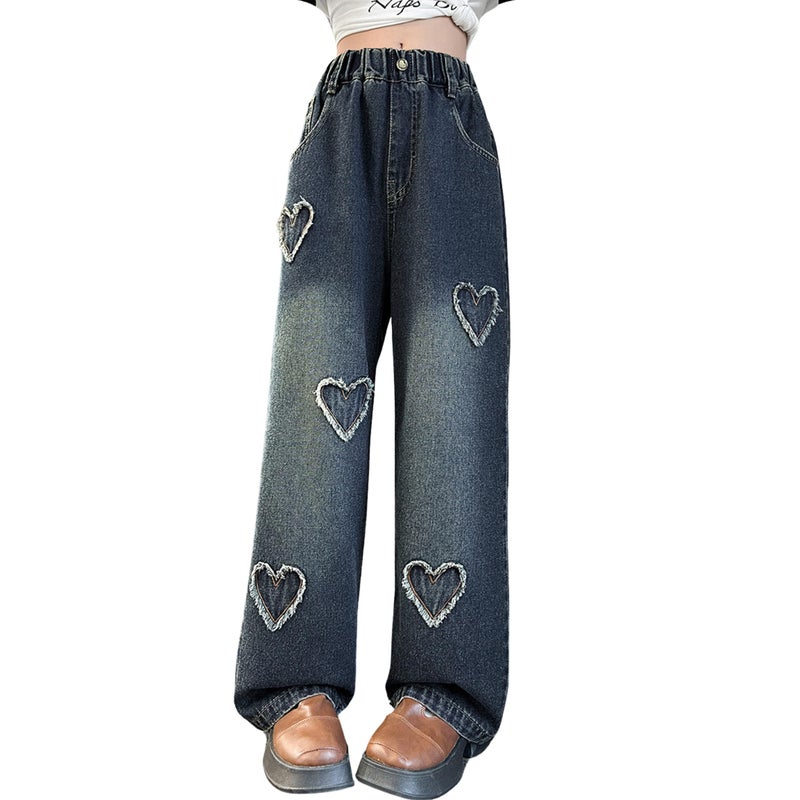 Rolanko Big Girls Jeans Baggy Wide Leg Denim Pants Elastic Loose Kids Jeans (HairyHeart, 13-14 Years) - Image 1