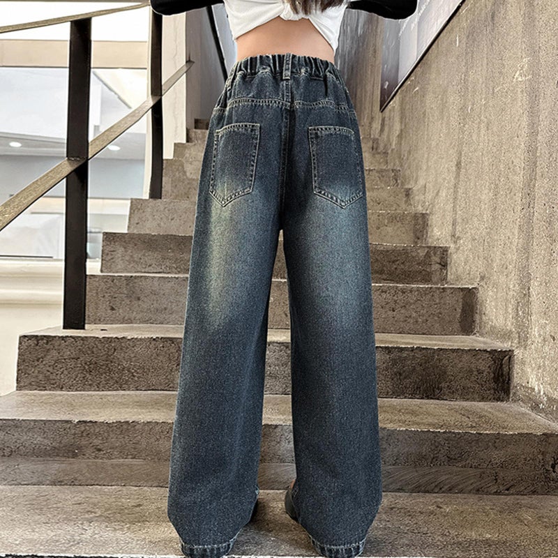 Rolanko Big Girls Jeans Baggy Wide Leg Denim Pants Elastic Loose Kids Jeans (HairyHeart, 13-14 Years) - Image 3