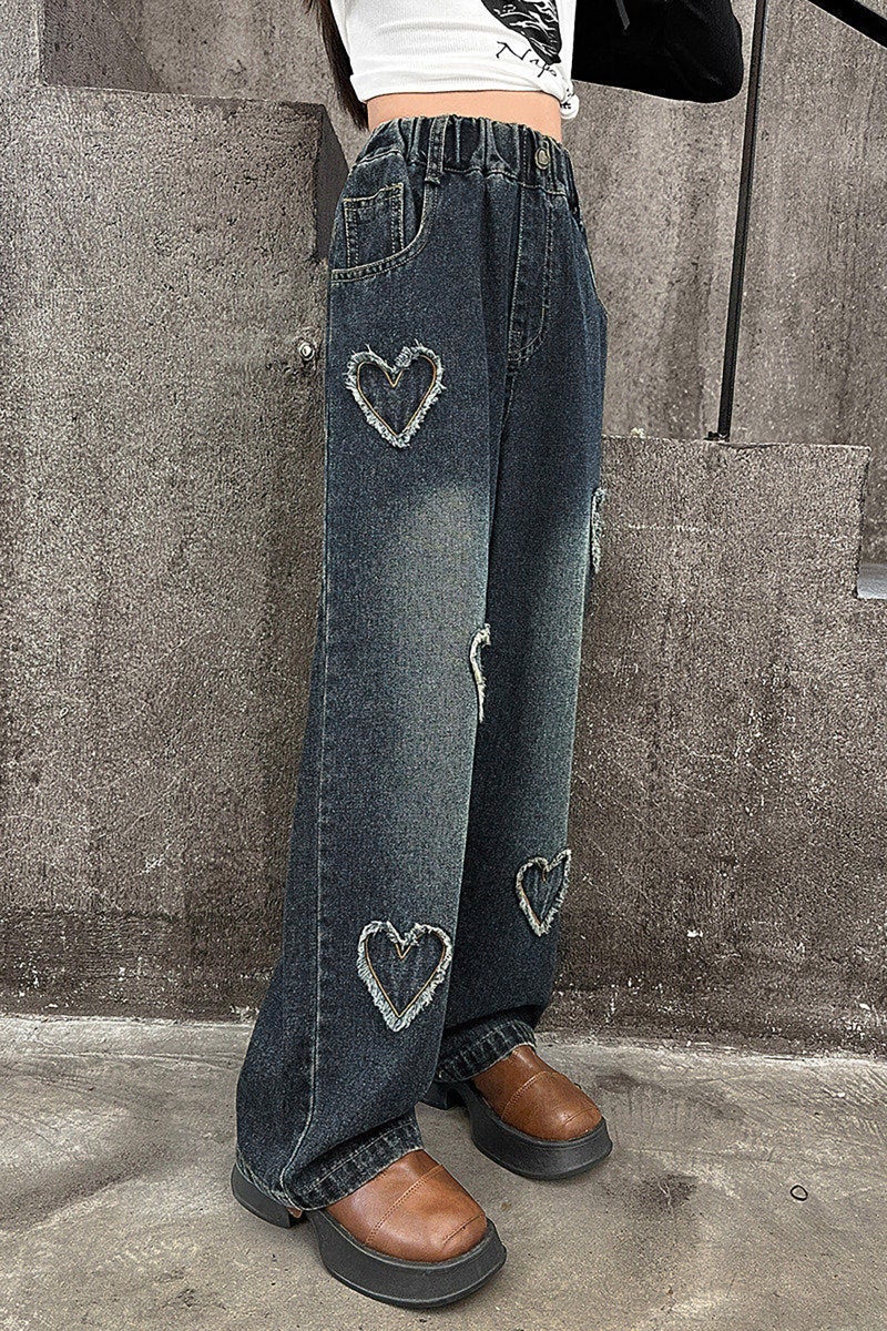 Rolanko Big Girls Jeans Baggy Wide Leg Denim Pants Elastic Loose Kids Jeans (HairyHeart, 13-14 Years) - Image 2
