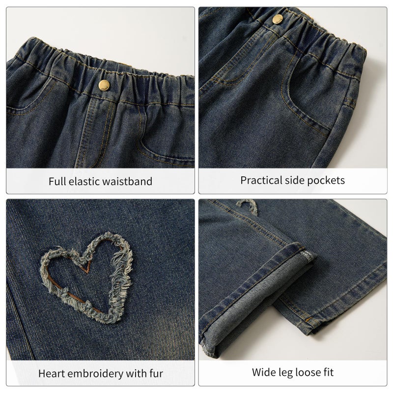 Rolanko Big Girls Jeans Baggy Wide Leg Denim Pants Elastic Loose Kids Jeans (HairyHeart, 13-14 Years) - Image 5