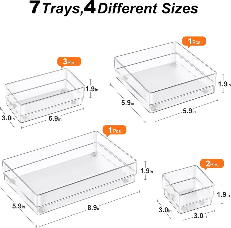 SMARTAKE 7-Piece Drawer Organizer with Non-Slip Silicone Pads, 4-Size Desk Drawer Organizer Trays Storage Tray for Makeup, Jewelries, Utensils in Bedroom Dresser, Office and Kitchen (Clear) - Image 2