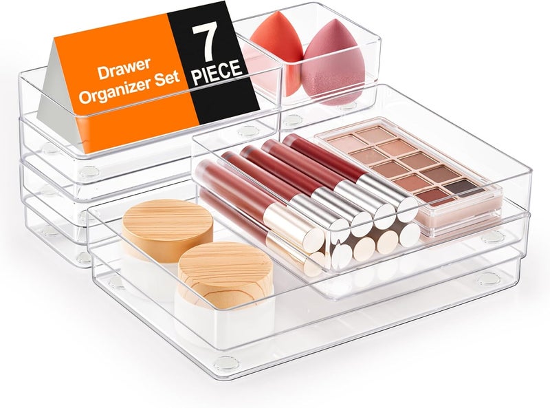 SMARTAKE 7-Piece Drawer Organizer with Non-Slip Silicone Pads, 4-Size Desk Drawer Organizer Trays Storage Tray for Makeup, Jewelries, Utensils in Bedroom Dresser, Office and Kitchen (Clear) - Image 1