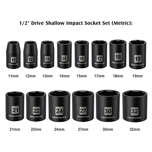 MIXPOWER 14 Pieces 1/2-Inch Drive Shallow Impact Socket Set, 11-32mm, CR-V, Metric, 6 Point, Shallow, 14 Pieces 1/2" Dr. Shallow Socket - Image 3