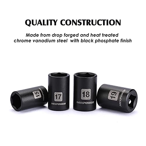 MIXPOWER 14 Pieces 1/2-Inch Drive Shallow Impact Socket Set, 11-32mm, CR-V, Metric, 6 Point, Shallow, 14 Pieces 1/2" Dr. Shallow Socket - Image 5