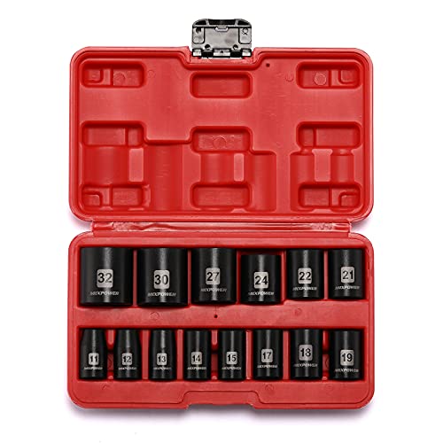 MIXPOWER 14 Pieces 1/2-Inch Drive Shallow Impact Socket Set, 11-32mm, CR-V, Metric, 6 Point, Shallow, 14 Pieces 1/2" Dr. Shallow Socket - Image 2