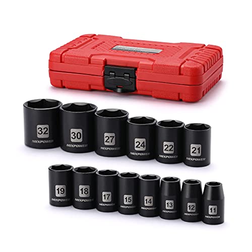 MIXPOWER 14 Pieces 1/2-Inch Drive Shallow Impact Socket Set, 11-32mm, CR-V, Metric, 6 Point, Shallow, 14 Pieces 1/2" Dr. Shallow Socket - Image 1