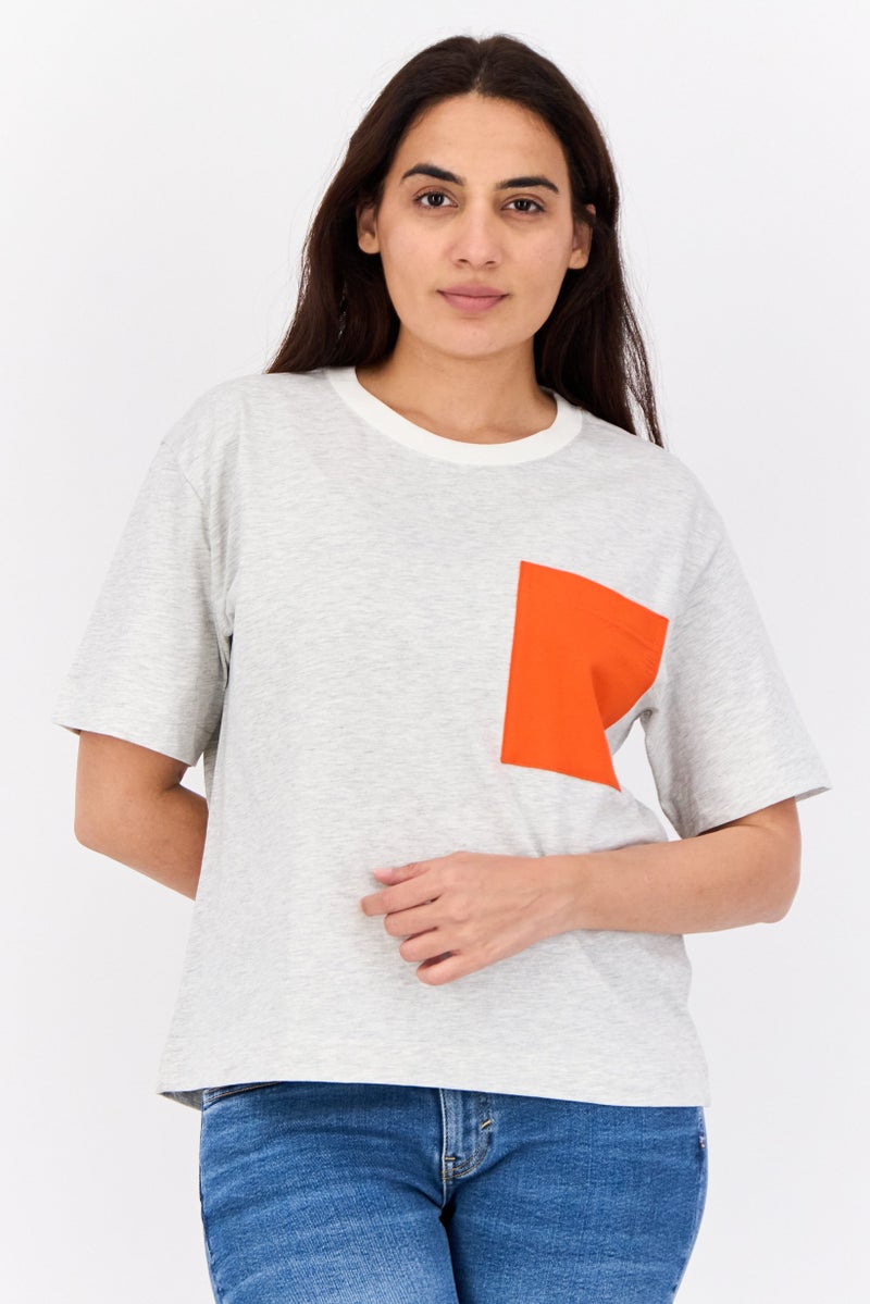 ESPRIT Women Ribbed Collar Short Sleeves Heather T-Shirts, Light Grey - Image 1