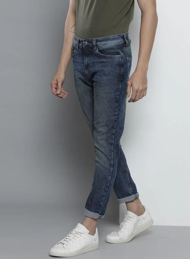 The Indian Garage Co The Indian Garage Co Men Dark Blue Slim Fit Faded Jeans